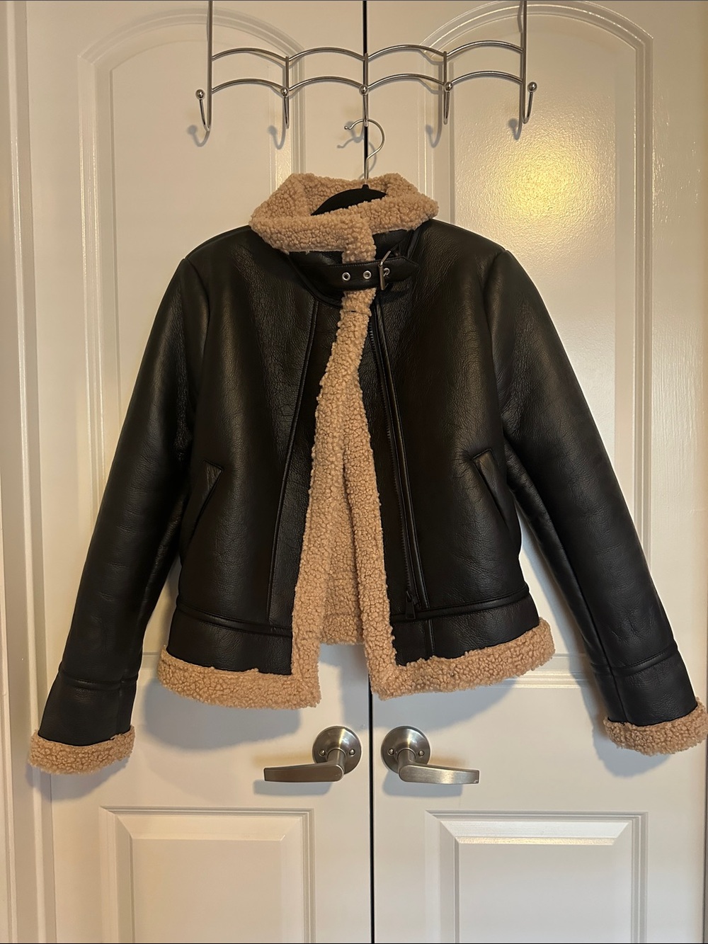 Maralyn & Me Black Faux Leather Jacket with Tan Sherpa Trim